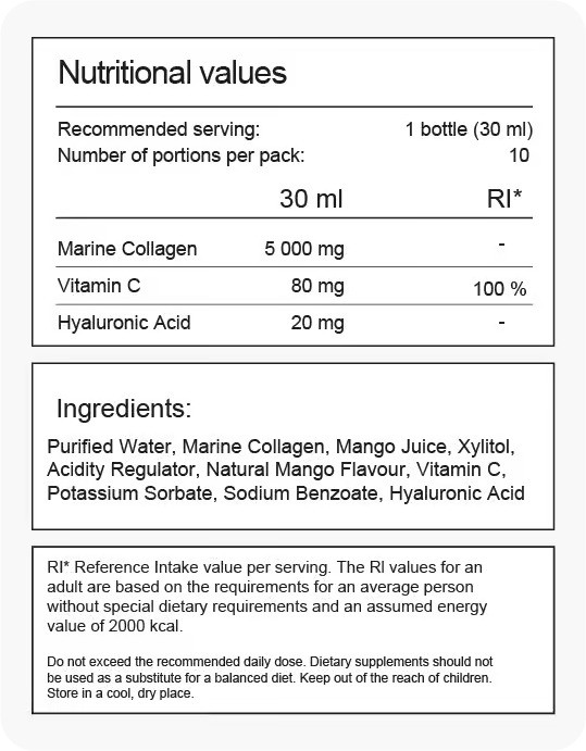 Течен морски колаген с хиалуронова киселина - Манго 10x30ml състав